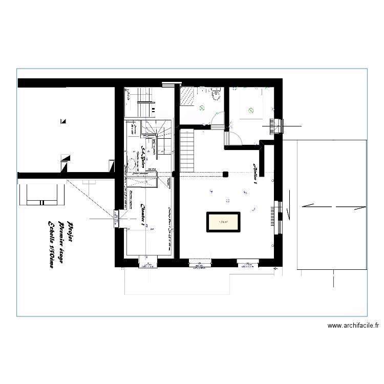 gambetta r+1. Plan de 1 pièce et 2 m2