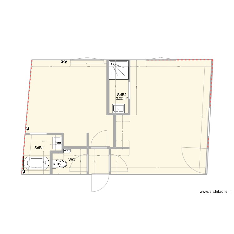 RDC chambres platrier. Plan de 6 pièces et 43 m2