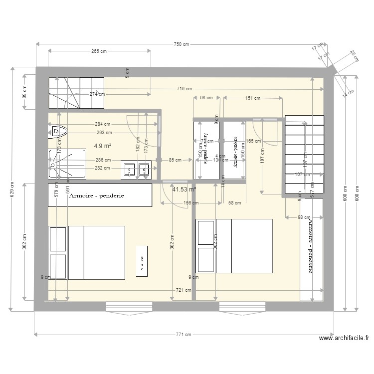 STUDIO ETAGE. Plan de 2 pièces et 46 m2