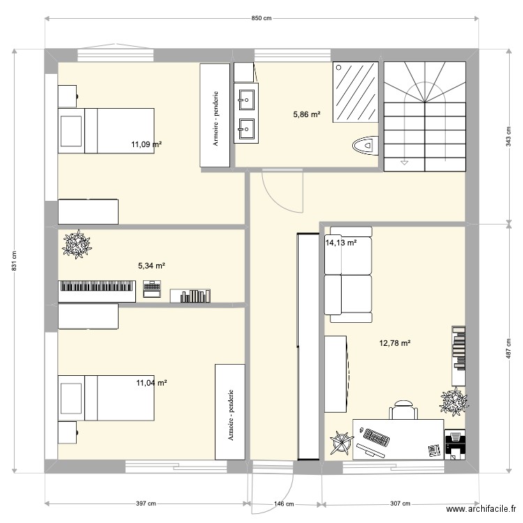 Etage maison. Plan de 6 pièces et 60 m2