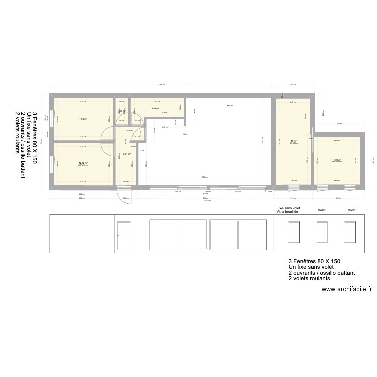 PROJET CAILLE - VUE DESSUS + FACE surface habitables. Plan de 7 pièces et 66 m2