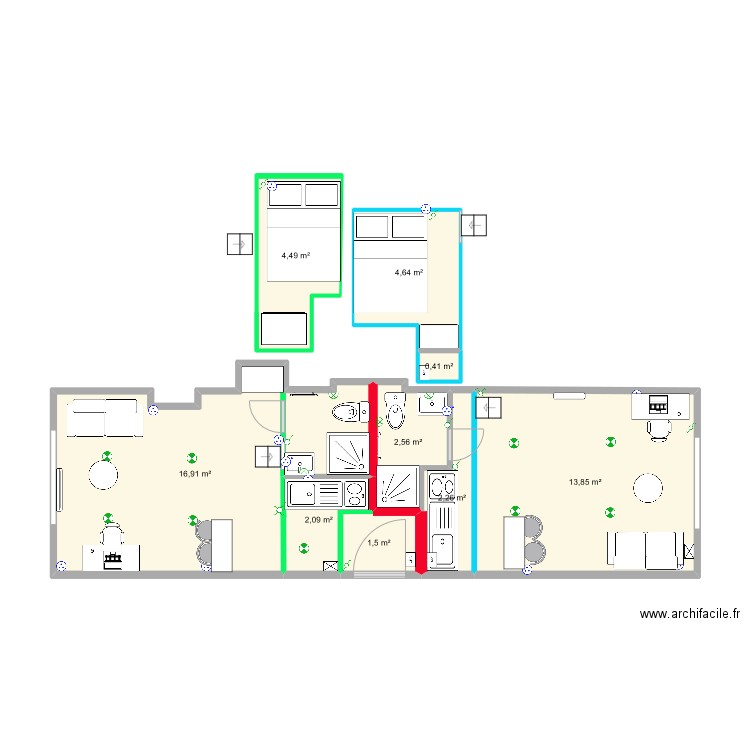 Plan complet. Plan de 9 pièces et 49 m2