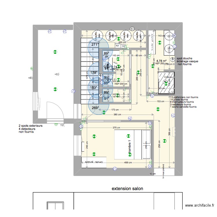 appartement chambre et sanitaire. Plan de 4 pièces et 34 m2
