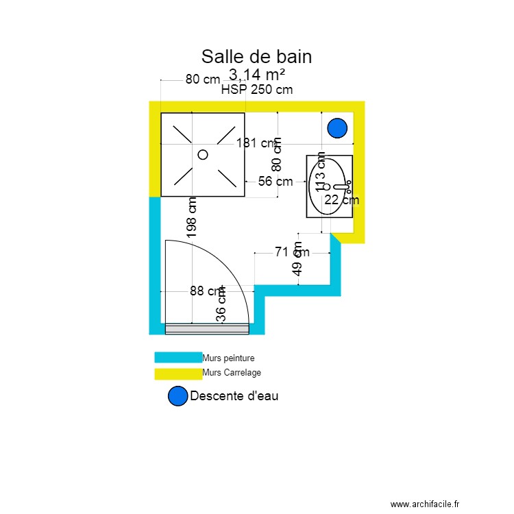 Bouchet Salle de bain. Plan de 1 pièce et 3 m2