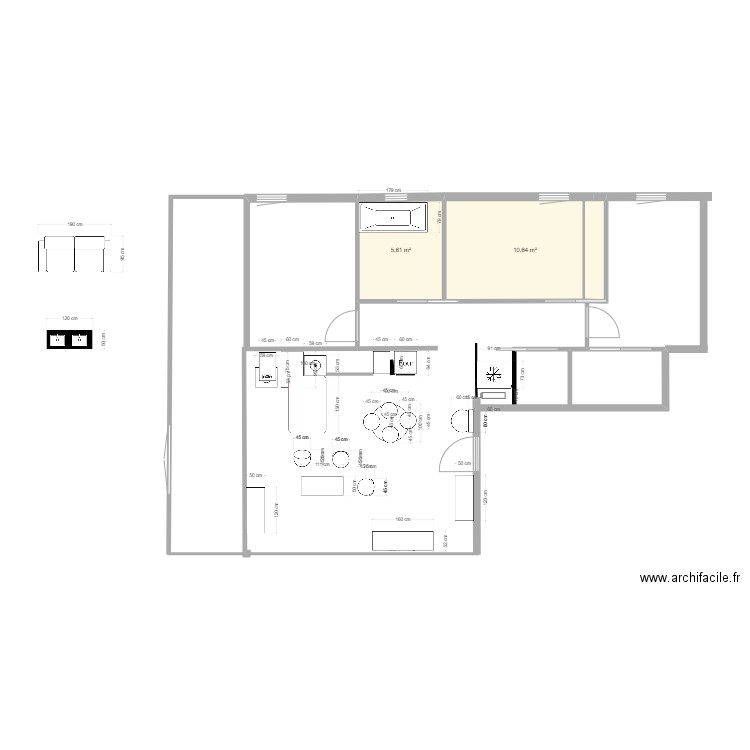 piéce a vivre. Plan de 2 pièces et 16 m2