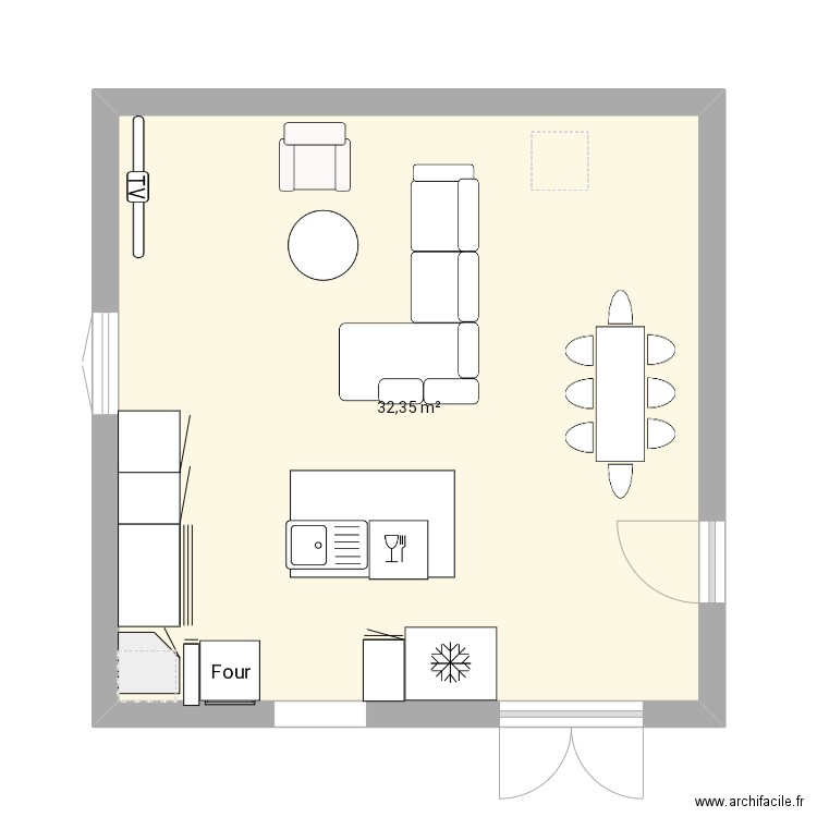 Salon cuisine . Plan de 1 pièce et 32 m2