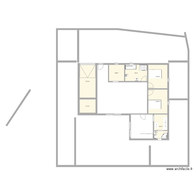 plan maison en L et terrain 1. Plan de 7 pièces et 62 m2
