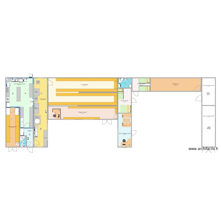 Hangar + Labo en détail + Labo fromage. Plan de 14 pièces et 241 m2