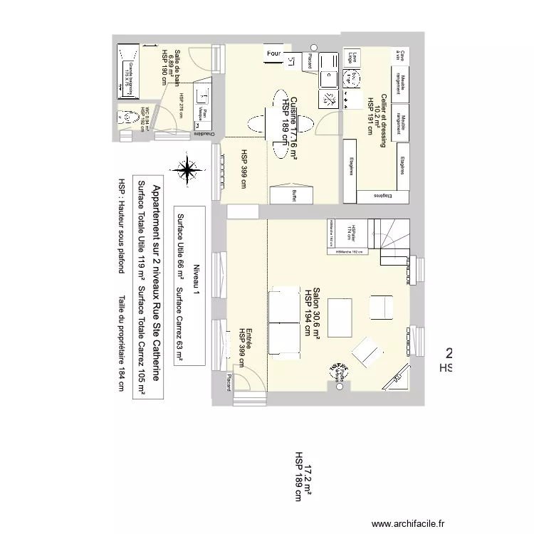 Appartement  sur 2 niveaux Ste Catherine sans c&ocirc;tes. Plan de 
