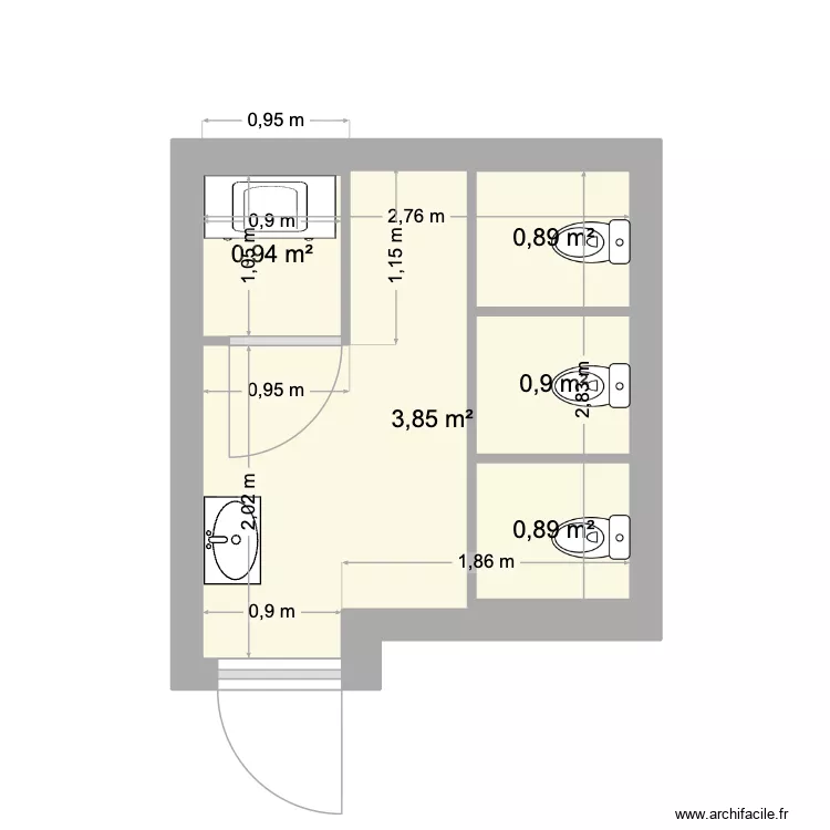 Sanitaires filles. Plan de 5  et 11 m²