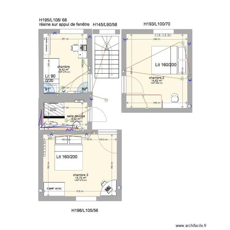 1° etage bis . Plan de 4 pièces et 42 m2