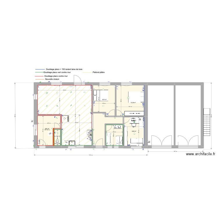 Plan placo. Plan de 8 pièces et 56 m2