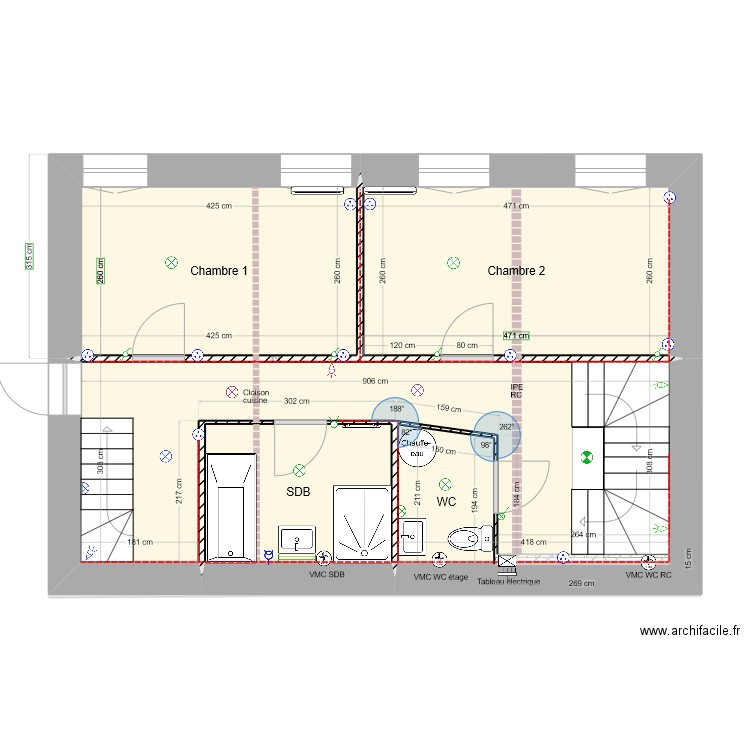 République étage distribution électricité projet 2 CET dans WC. Plan de 5 pièces et 102 m2