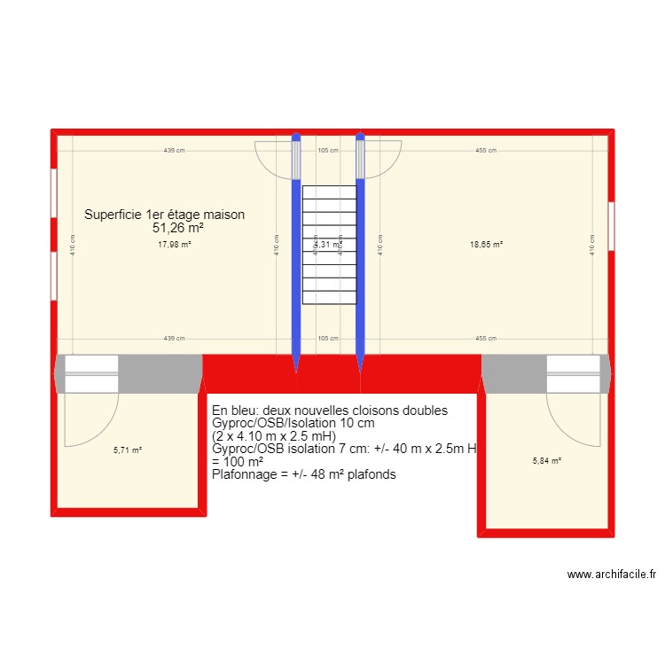 Etage 1 simulation division. Plan de 5 pièces et 52 m2