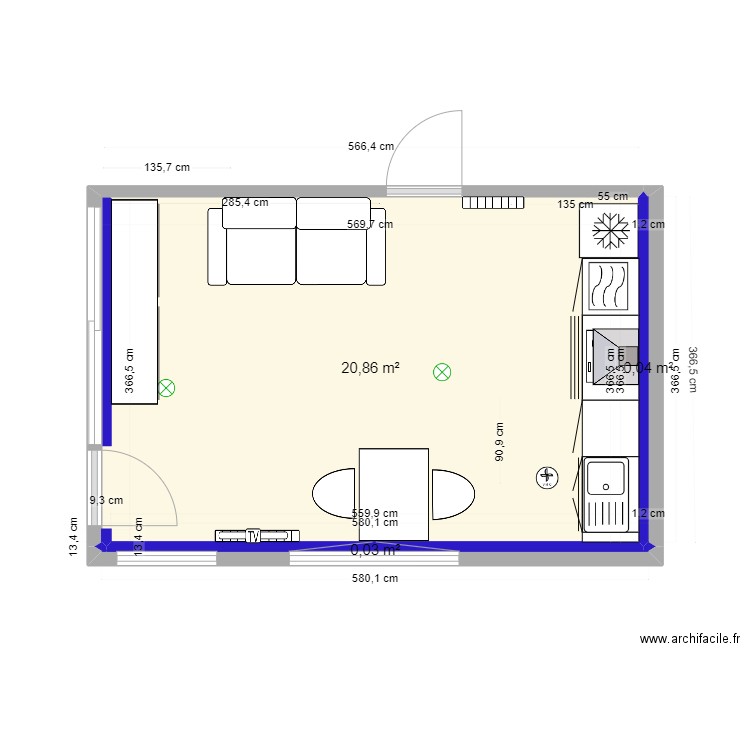 Plan PM Pièce Principale 3 validé. Plan de 3 pièces et 21 m2