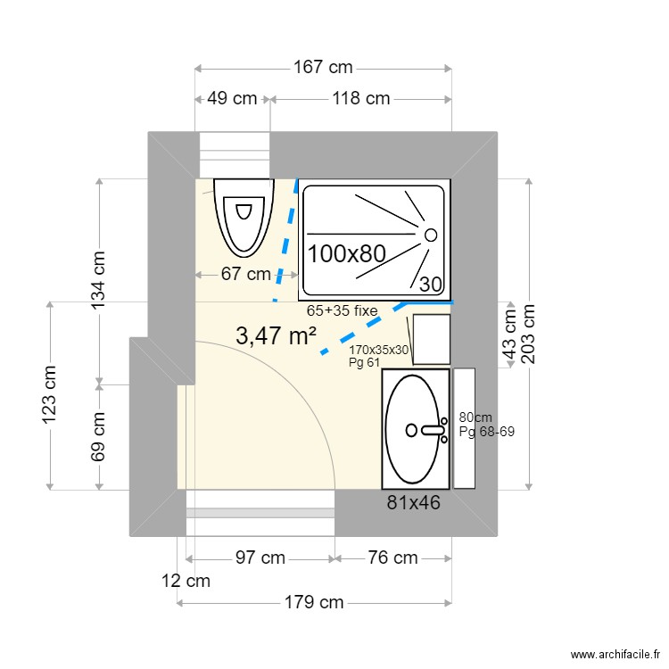 SDB Maëlys 1Ba. Plan de 1 pièce et 3 m2