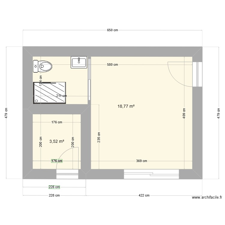 Annexe interieur 1. Plan de 2 pièces et 22 m2