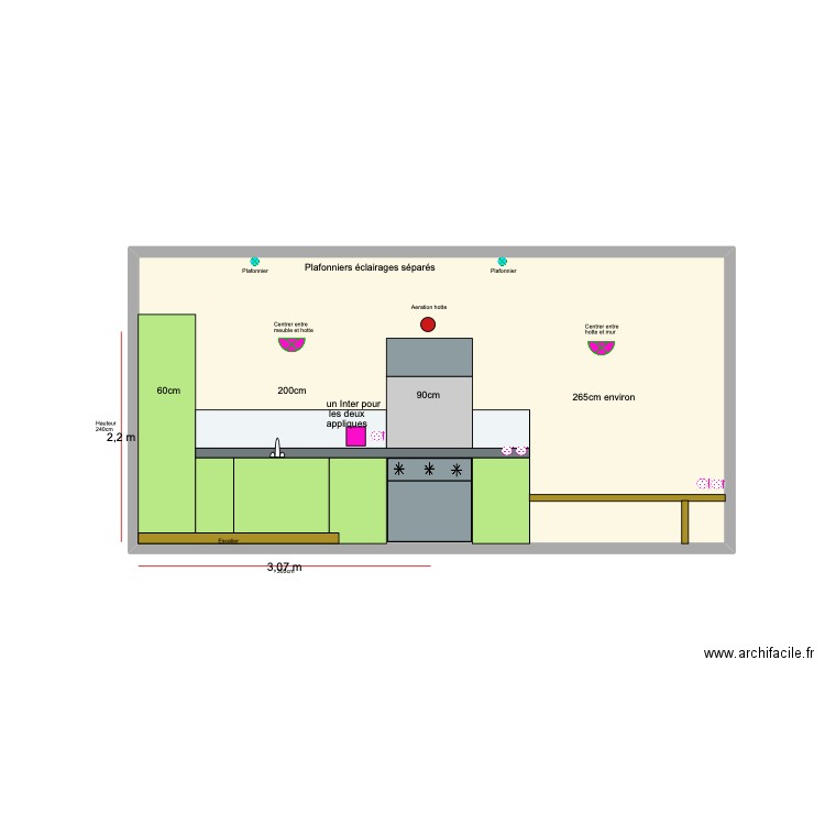 Mur Technique Cuisine éclairage. Plan de 1 pièce et 18 m2