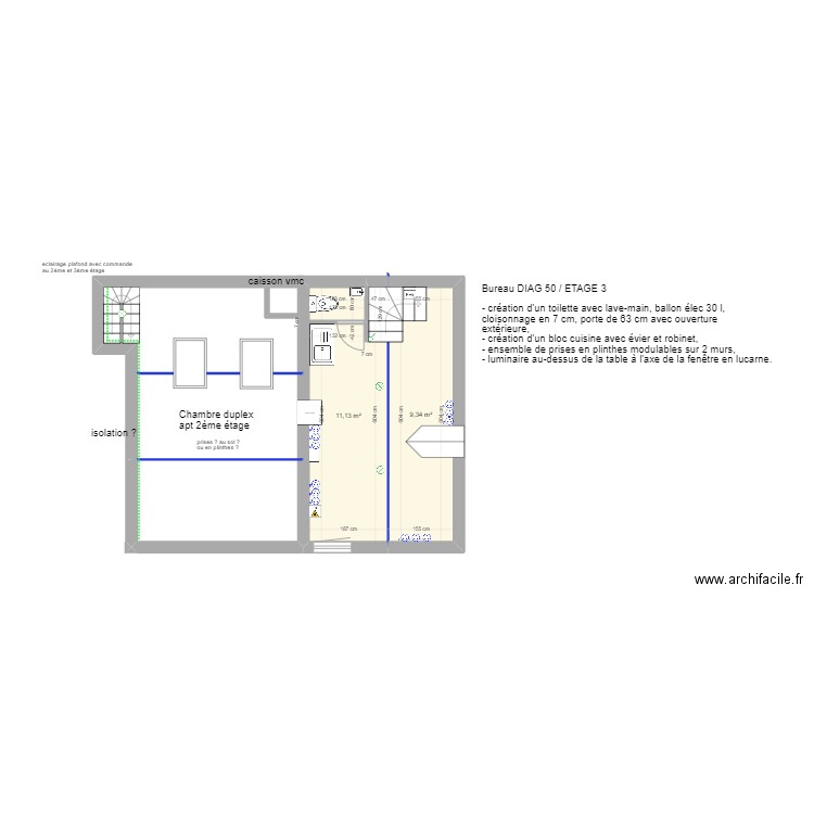 3ème étage version 2. Plan de 2 pièces et 20 m2