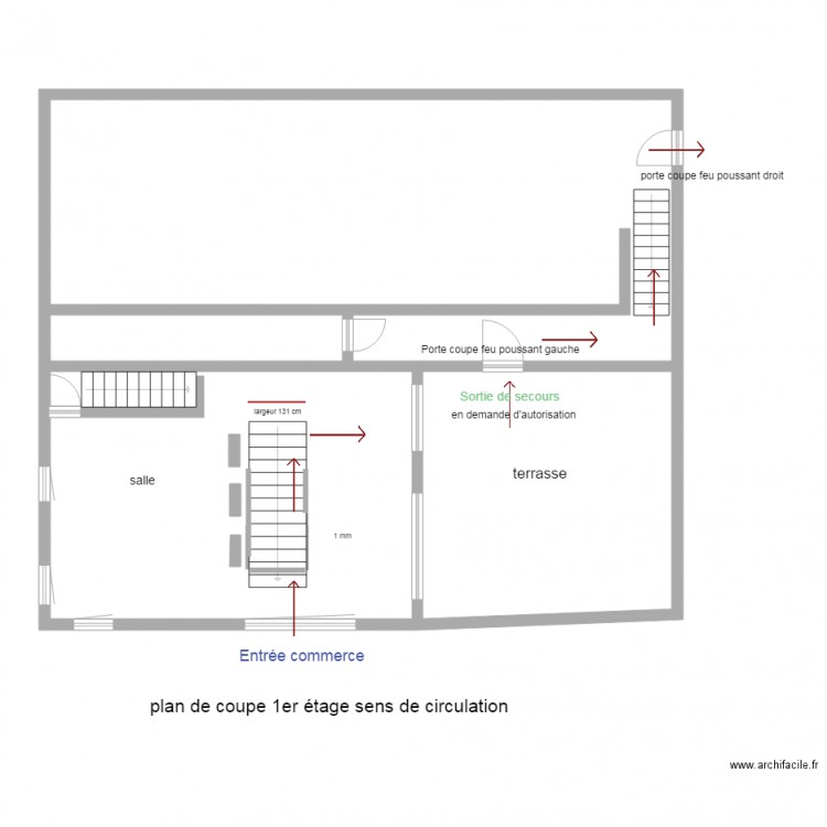 plan de coupe surface et acces 1er étage et sortie de secours. Plan de 0 pièce et 0 m2