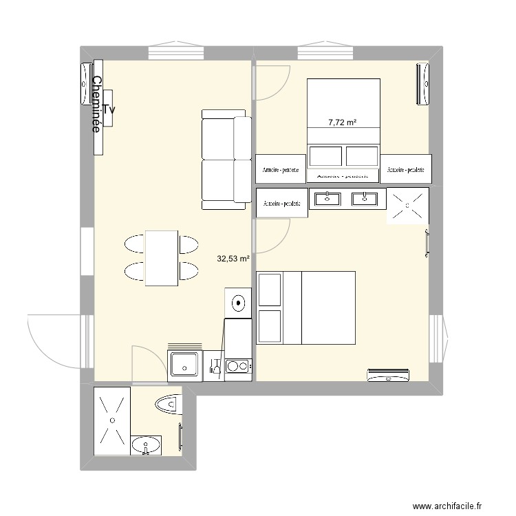 Amoudi. Plan de 2 pièces et 40 m2