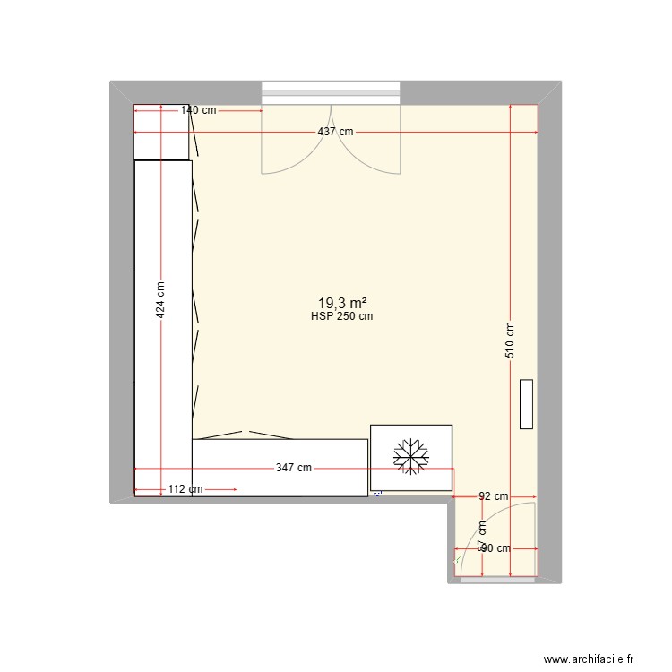 cuisine. Plan de 1 pièce et 19 m2