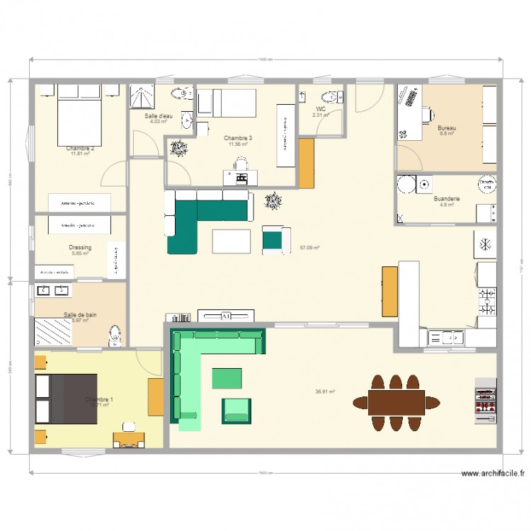 Plan maison plain pied 169m F5 projet 3. Plan de 0 pièce et 0 m2