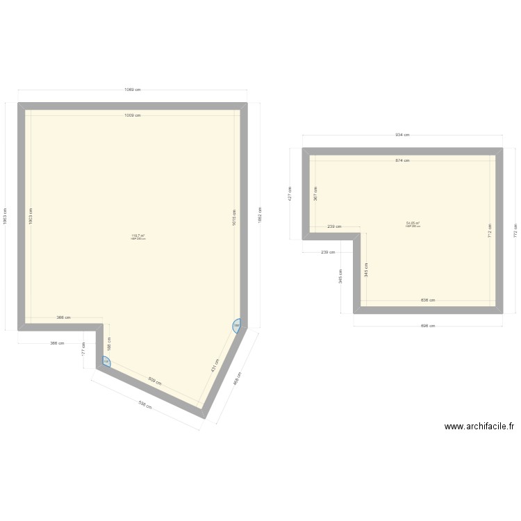 Surface au sol. Plan de 2 pièces et 173 m2