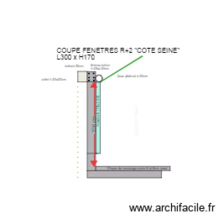 coupe fenetre R2 L170  H140 cote seine. Plan de 