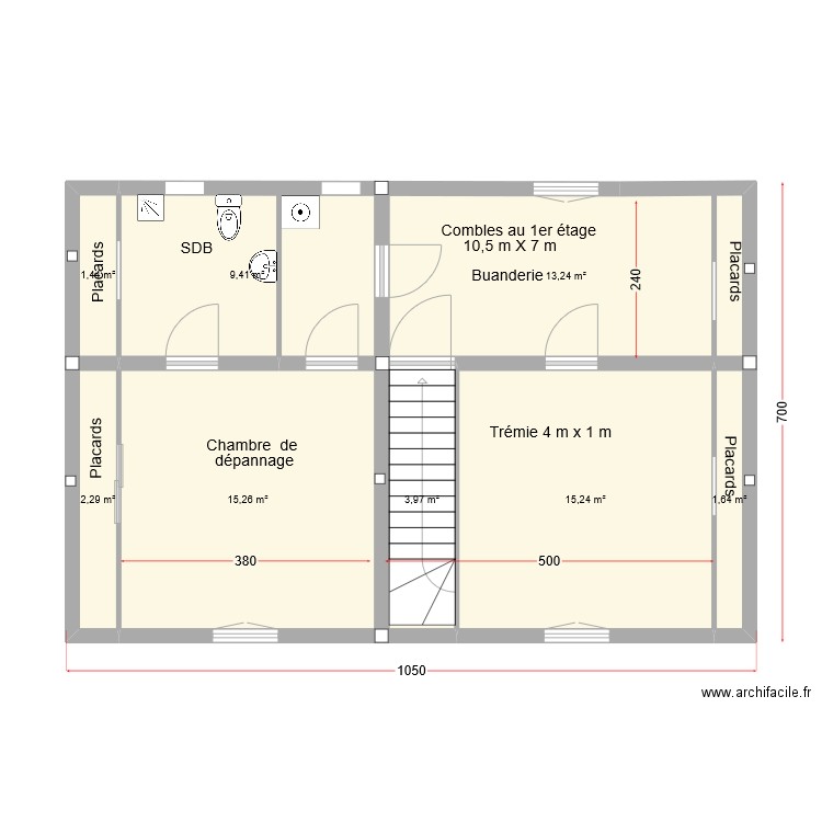 combles au 2nd 11m x 7. Plan de 8 pièces et 62 m2