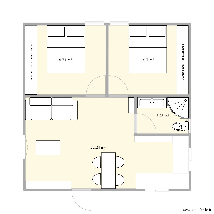 Cabane. Plan de 4 pièces et 45 m2