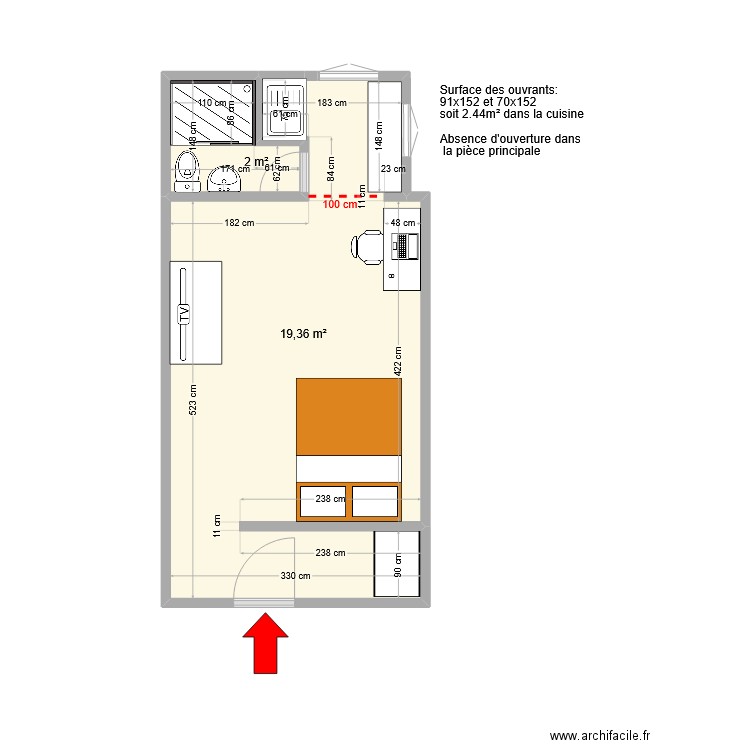 43 chaussée de Madeleine . Plan de 2 pièces et 21 m2