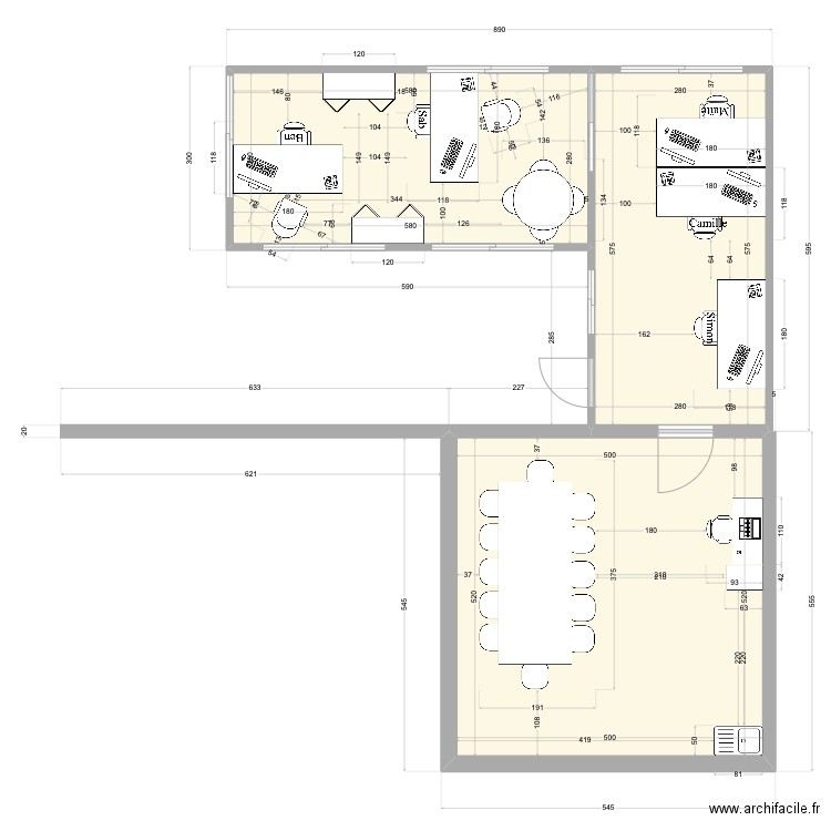 Bureau. Plan de 3 pièces et 58 m2