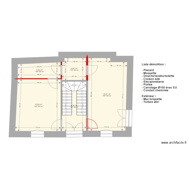 Malaucene R1 démolition. Plan de 5 pièces et 51 m2