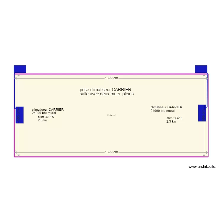 pose CLIMATISEUR salle avec deux murs pleins. Plan de pose CLIMATISEUR salle avec deux murs pleins. Plan de