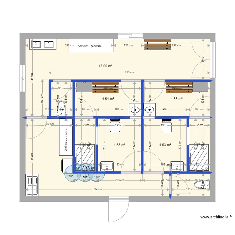 Projet vestiaire V3. Plan de 8 pièces et 54 m2