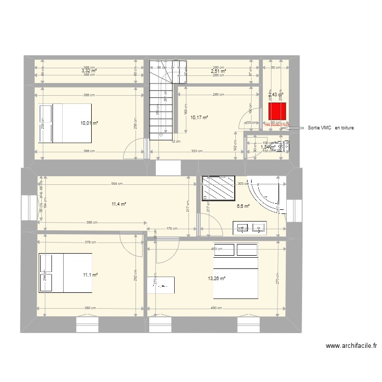 saussey étage projet V7. Plan de 10 pièces et 72 m2