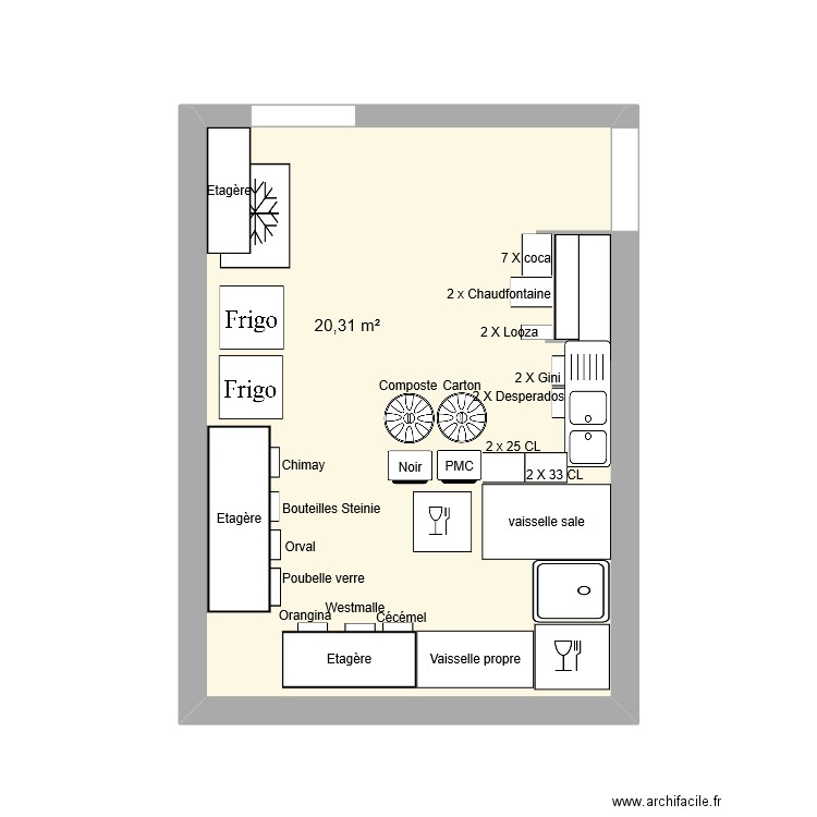 Plonge. Plan de 1 pièce et 20 m2