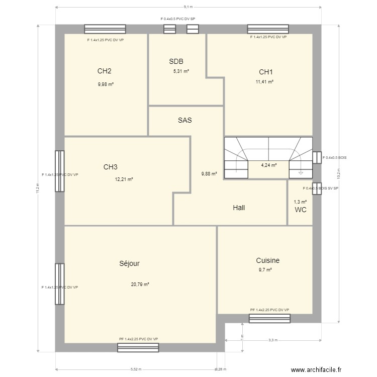 Boubes RDC. Plan de 9 pièces et 85 m2