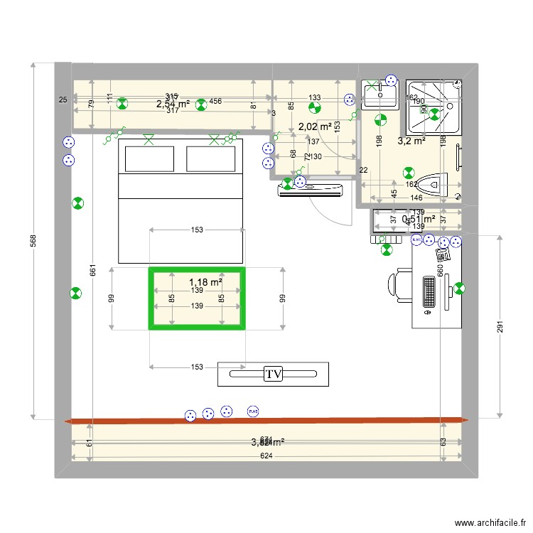 CH R 2  VF. Plan de 6 pièces et 13 m2