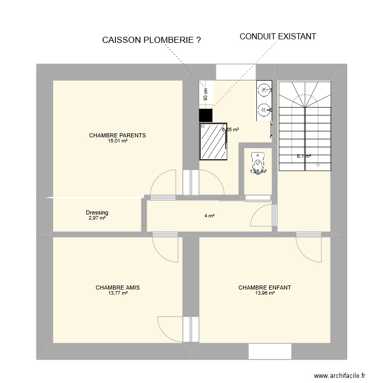 ETAGE CHARENTAY SDB PARENTS V2 AVEC CAISSON PLOMBERIE. Plan de 8 pièces et 66 m2