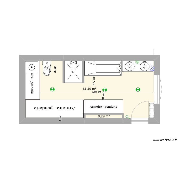 sdb paradis V8. Plan de 3 pièces et 14 m2