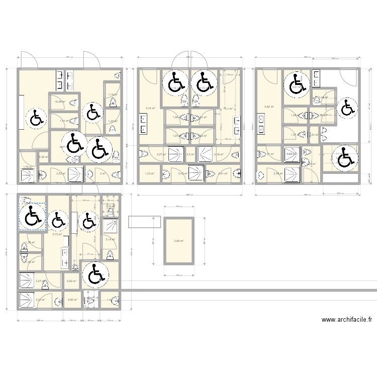 Toilettes. Plan de 50 pièces et 126 m2