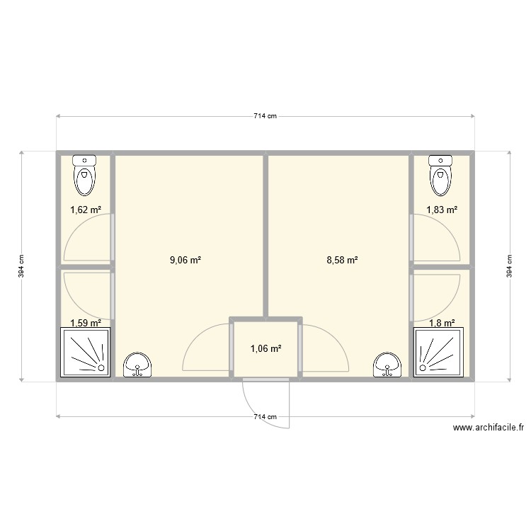 wc existant. Plan de 7 pièces et 26 m2