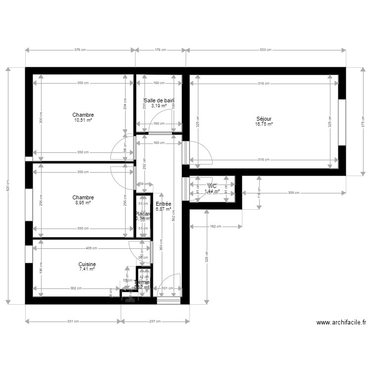 Plan de base La parisienne. Plan de 9 pièces et 56 m2