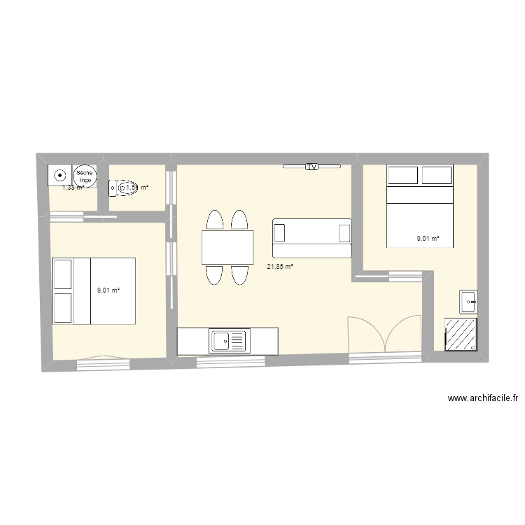 location. Plan de 5 pièces et 43 m2