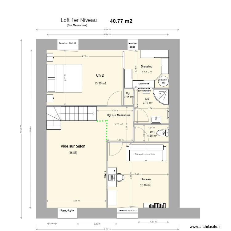 Loft 1 Niveau,Mezzanine 5 . Plan de 5 pièces et 59 m2