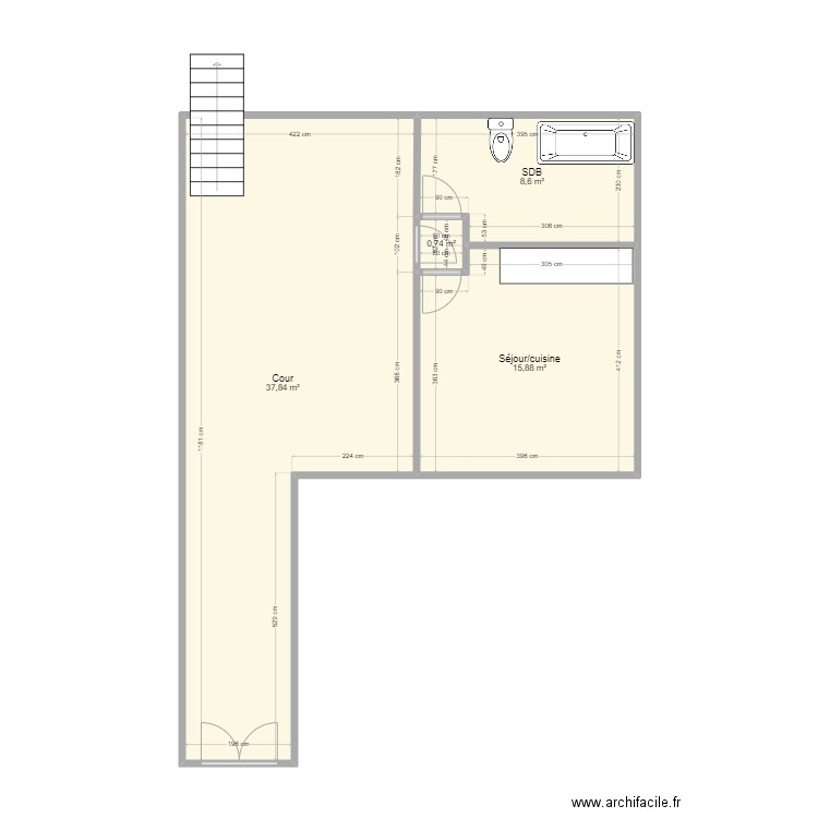 Plan cour+studio Fanfares 34. Plan de 4 pièces et 63 m2