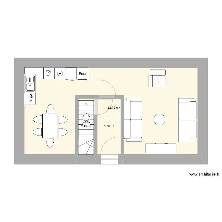 Gite 2 - RDC - cuisine&salon. Plan de 3 pièces et 39 m2