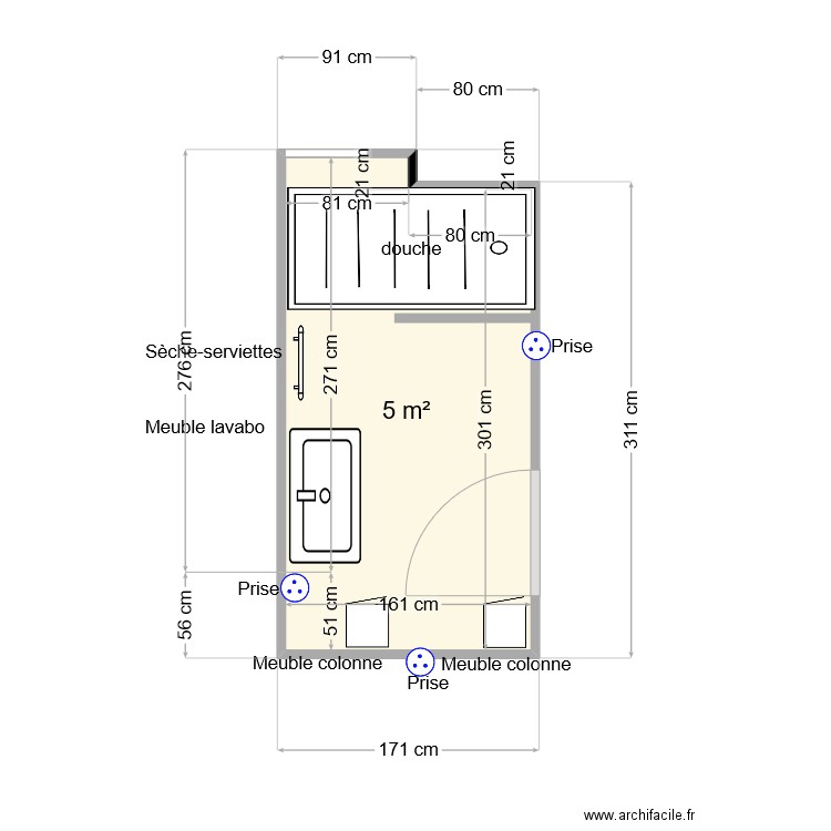 SDB. Plan de 1 pièce et 5 m2